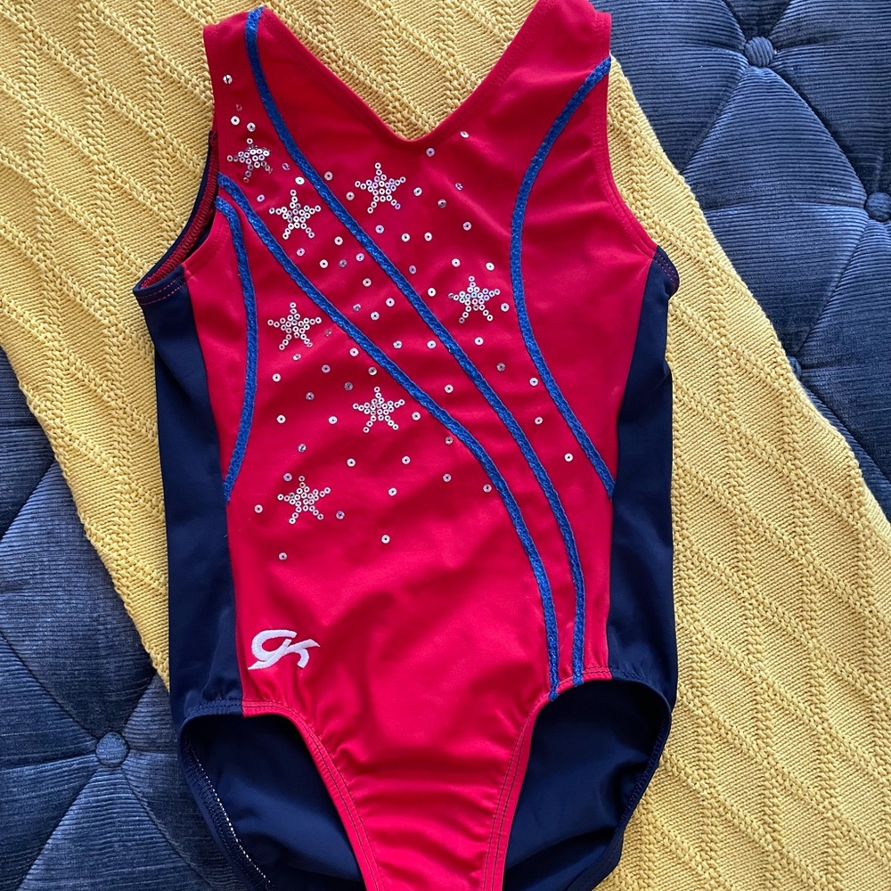 GK USA girls gymnastics leotard CM medium 8 10 red blue stars